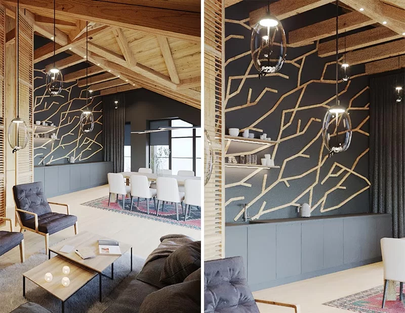 Fabriqué à partir de morceaux de bois individuels, ce mur d'accent en bois de type branche moderne crée un point focal dans la pièce et complète les autres détails en bois. #WoodAccentWall #BlackWall #BranchArt #AccentWallIdeas