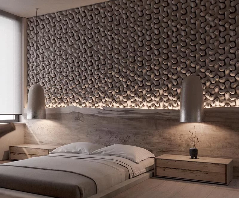 Des carreaux Tetrapod ont été utilisés pour créer un mur d'accent en 3 dimensions dans cette chambre moderne.