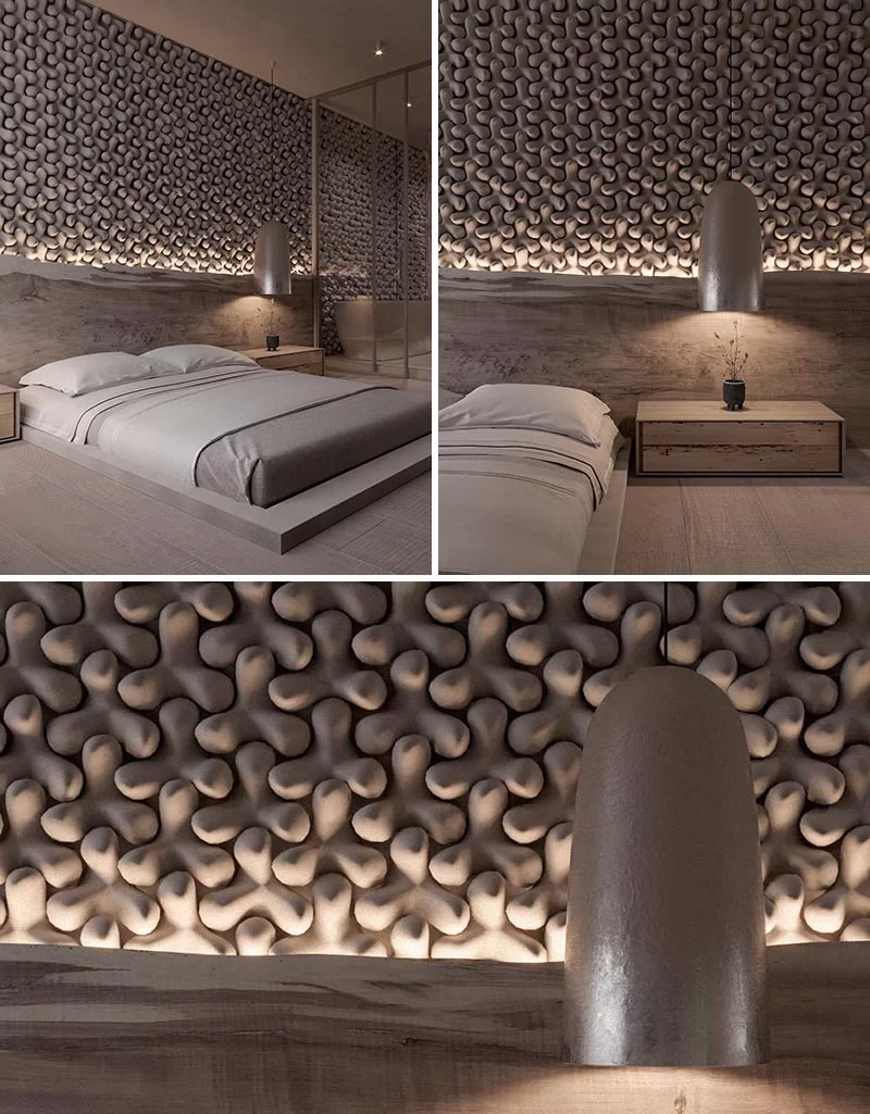 Un mur d'accent de chambre unique fait de carreaux tridimensionnels.