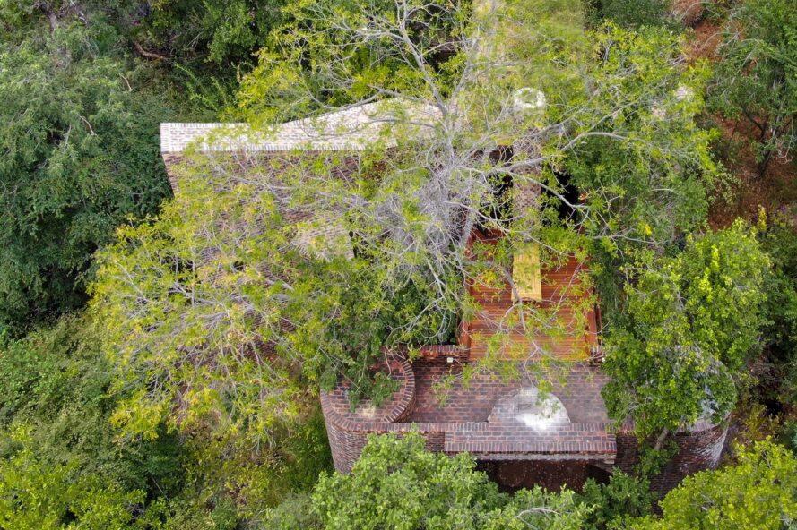 Une vue à vol d'oiseau des arbres verts occultant partiellement une maison en brique et en bois