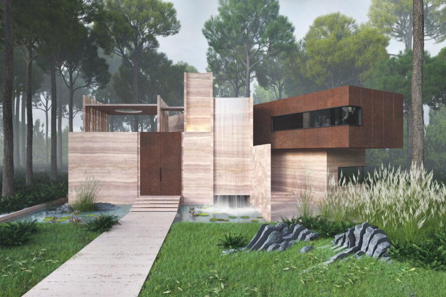 un rendu d'une maison composée de plusieurs formes géométriques de boîtes placées sous différents angles. la façade pour la plupart de la maison est beige et semblable à de la pierre, à l'exception de l'entrée et d'une structure sur le côté droit de la maison, qui ont des façades et des fenêtres brun foncé. une cascade construite dans la maison se déverse dans les éléments aquatiques qui entourent la maison. dans la cour avant il y a de la verdure et une passerelle blanche menant à la maison.