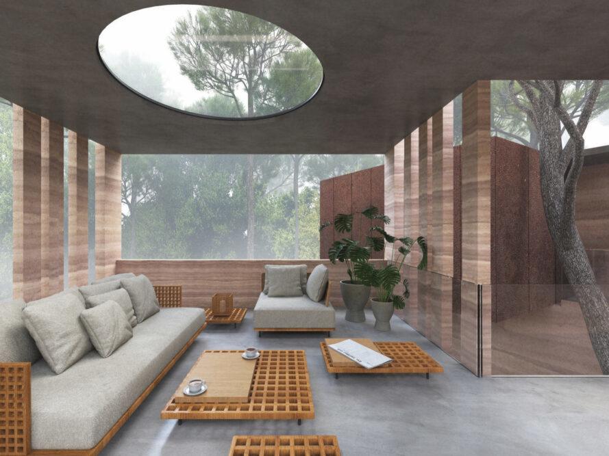 un salon avec une grande fenêtre sur le mur et une lucarne circulaire au plafond. le salon comprend deux tables basses marron et un canapé et une chaise avec des coussins blanc cassé ou bleu clair. à droite, un arbre grandit à travers un endroit ouvert de la maison.