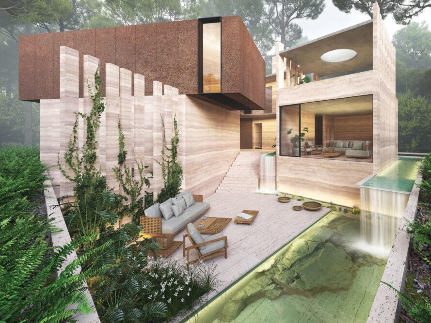 l'arrière de la maison, montrant un escalier menant à une terrasse avec des plantes vertes grimpant sur les murs et entourant un canapé et une chaise marron avec des coussins bleu clair. à droite, une voie navigable avec une cascade qui entoure la maison. devant le patio est une structure avec des baies vitrées qui donnent sur un salon.