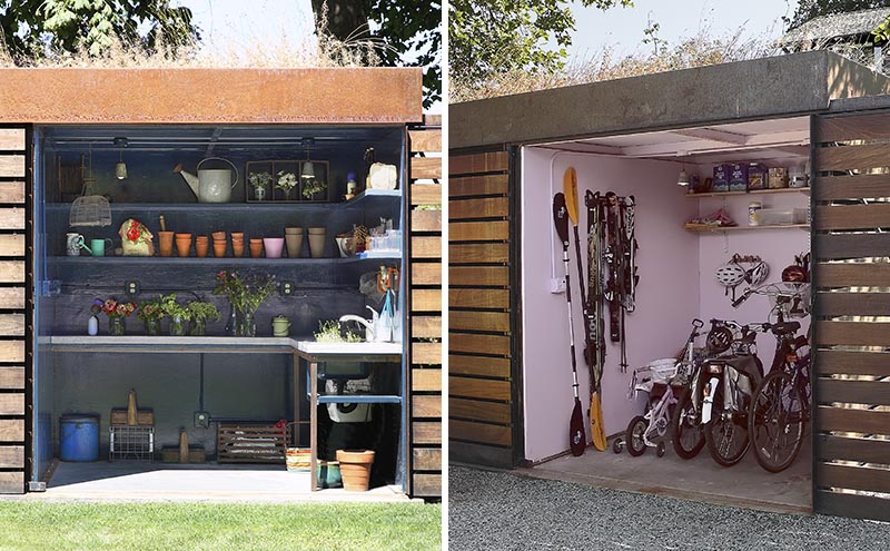 Un cabanon moderne avec une salle de rempotage et un local à vélos.