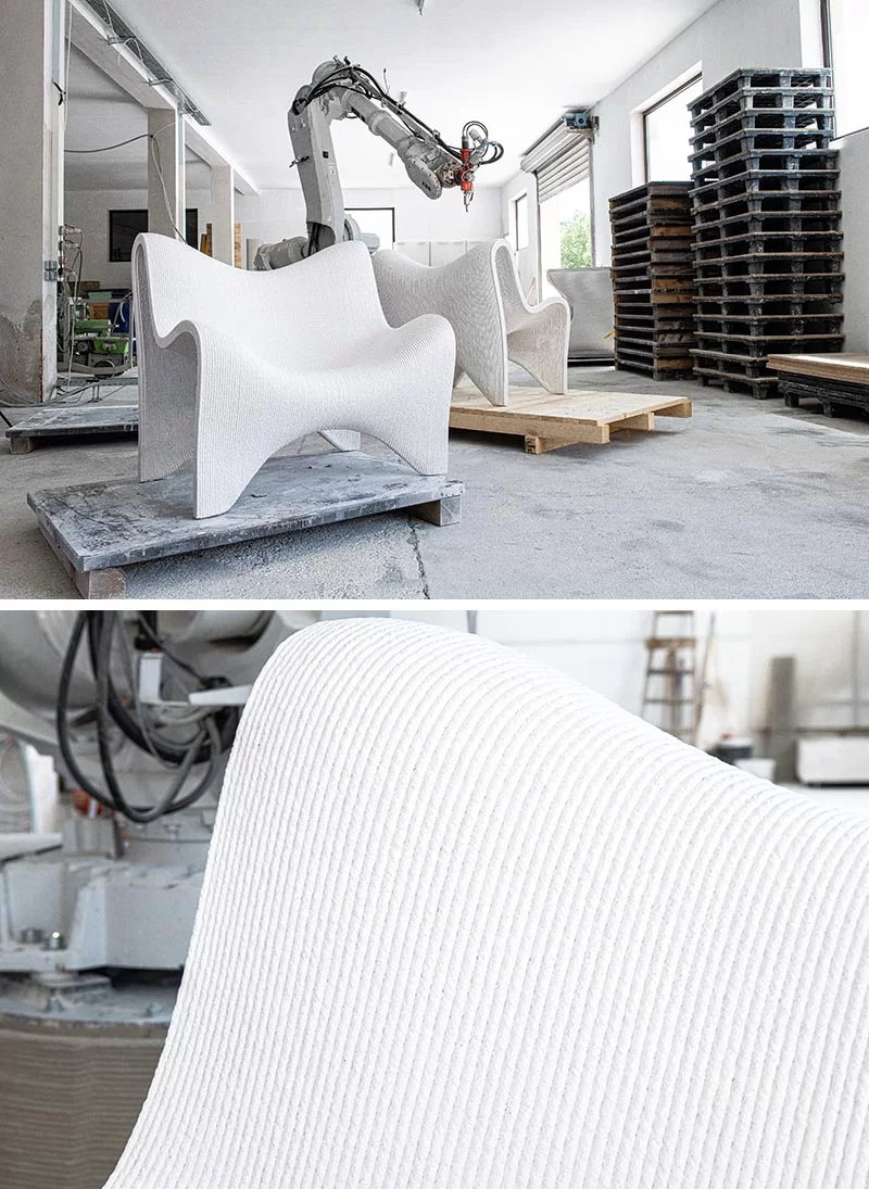 Une paire de chaises d'extérieur imprimées en 3D en béton.