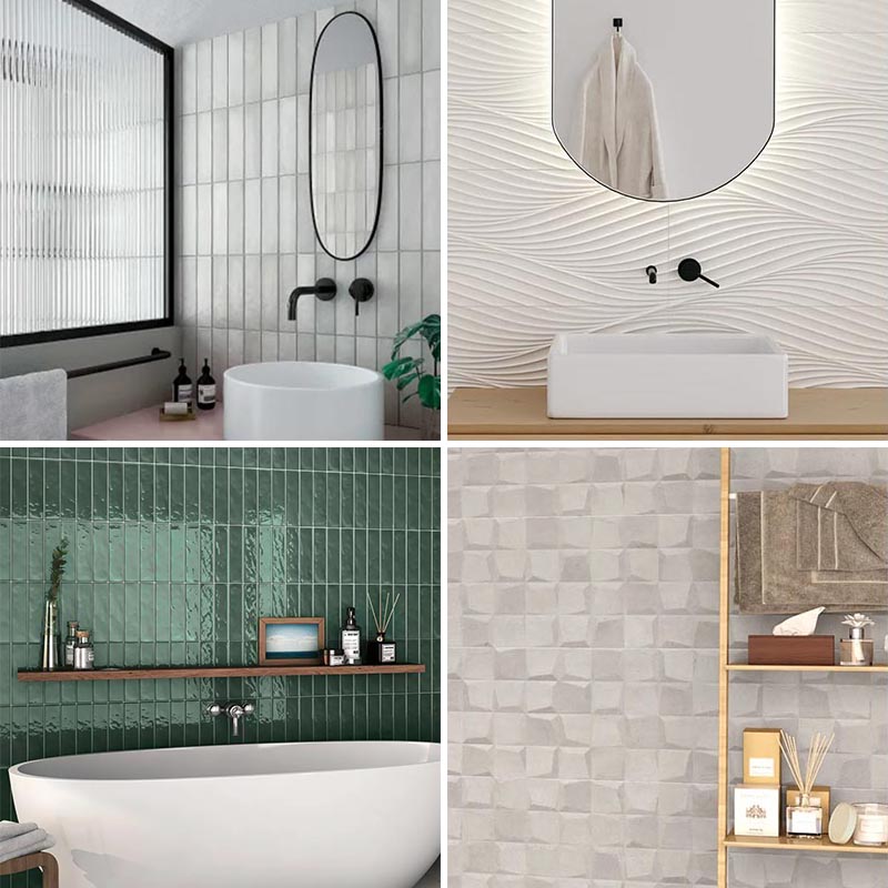 Idées modernes de carreaux de mur de salle de bain allant des rectangles aux textures ondulées et aux formes tridimensionnelles.