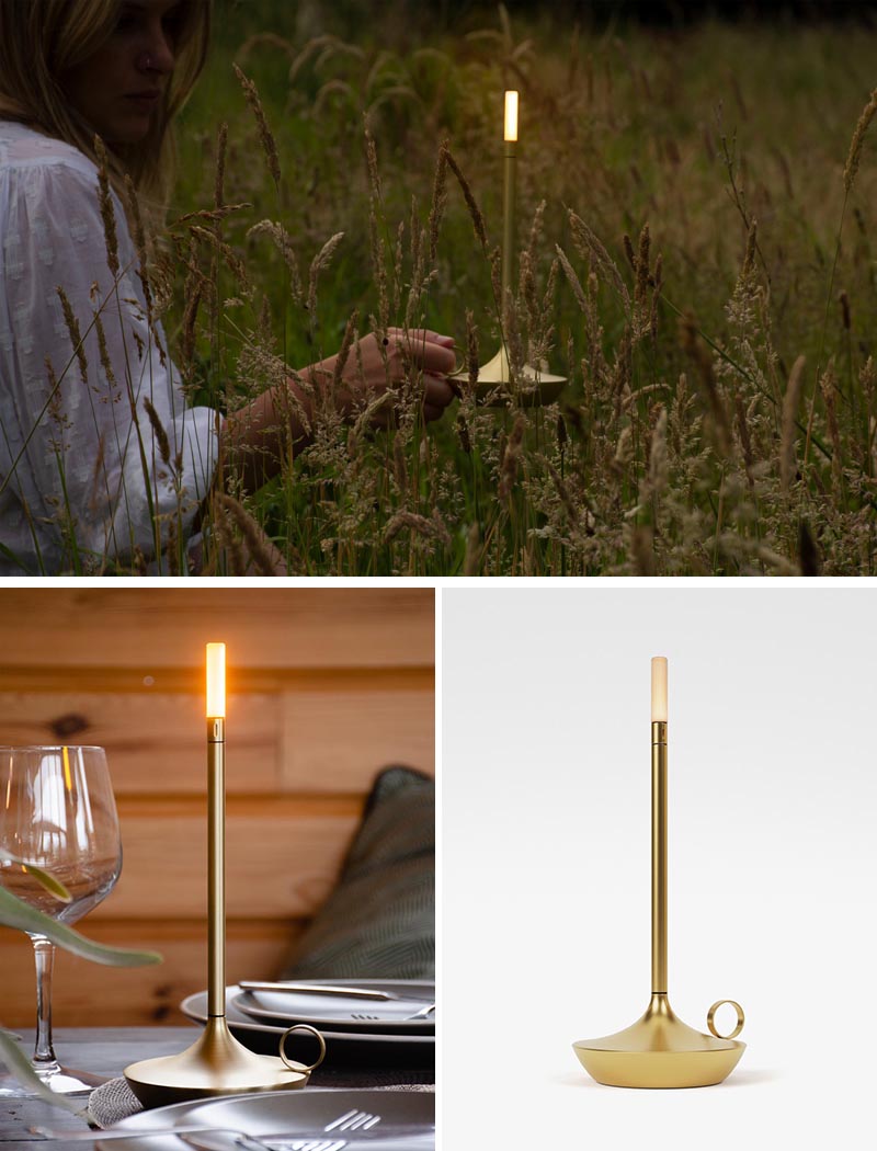 Une lampe portable moderne qui puise son inspiration dans un vieux bougeoir portable.