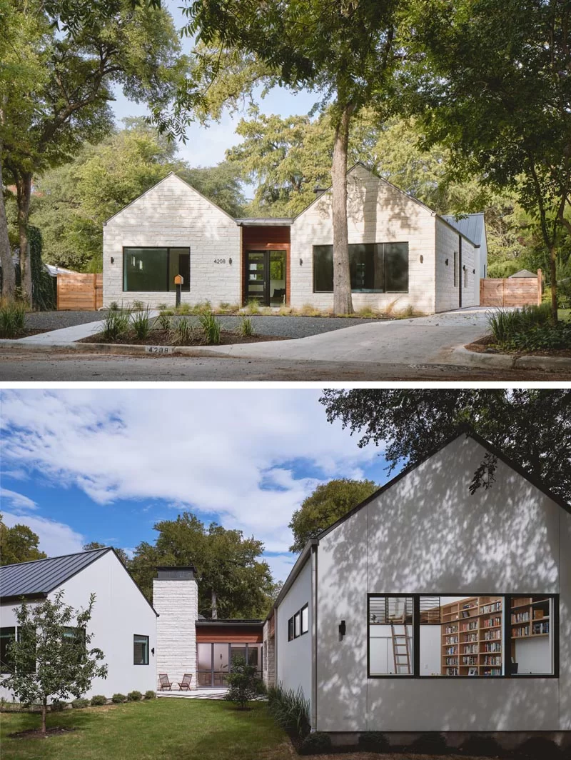 Une maison moderne de couleur claire avec un bureau à domicile séparé.