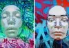 Les visages chromés dépassent des toiles de fond Drippy et Graffiti dans les peintures hyperréalistes de l’artiste Kip Omolade