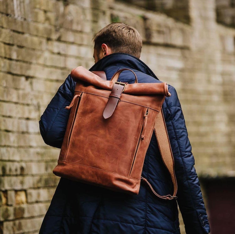 Sac à dos en cuir marron Roll Top
