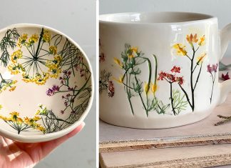 Des empreintes peintes d’assemblages botaniques délicats embellissent la vaisselle en céramique