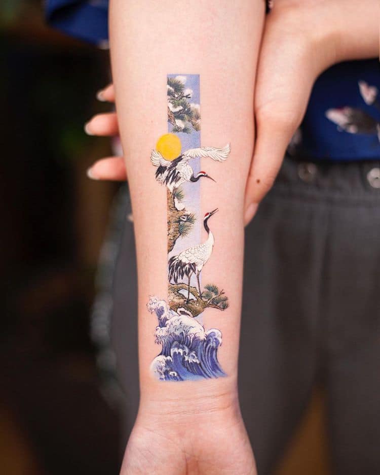 Art de tatouage rectangulaire inspiré des peintures chinoises traditionnelles