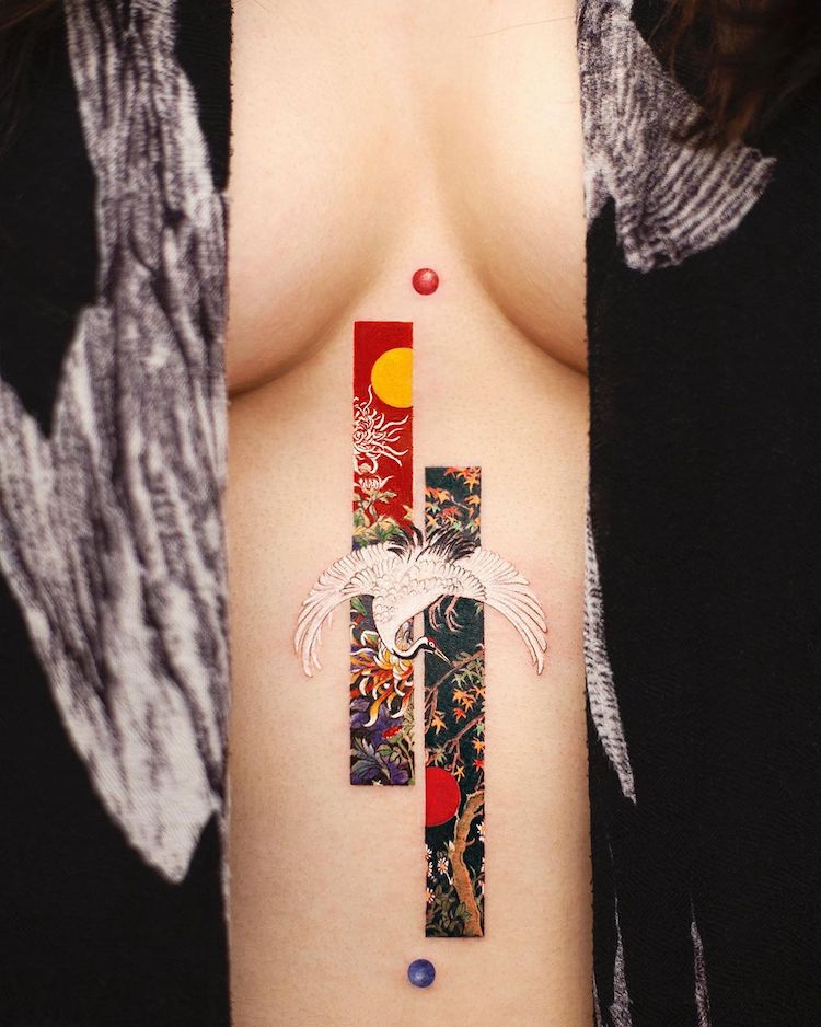 Art de tatouage rectangulaire inspiré des peintures chinoises traditionnelles