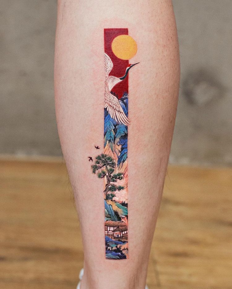 Art de tatouage rectangulaire inspiré des peintures chinoises traditionnelles