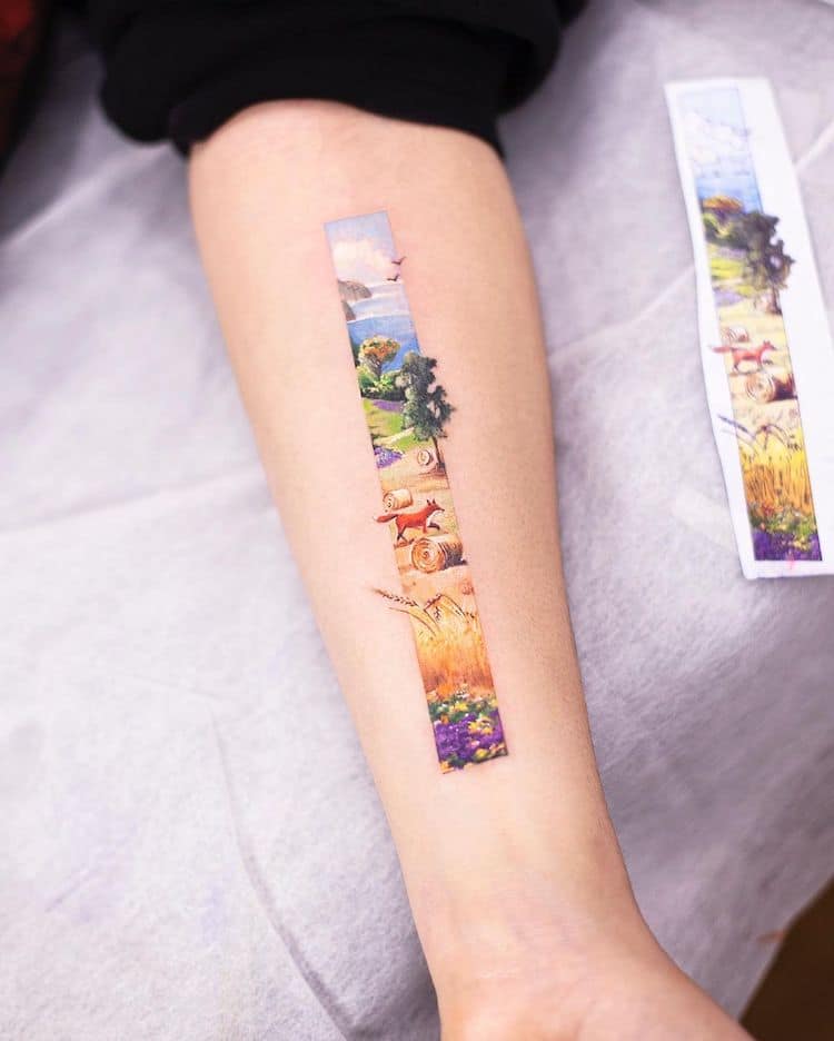 Art de tatouage rectangulaire inspiré des peintures chinoises traditionnelles