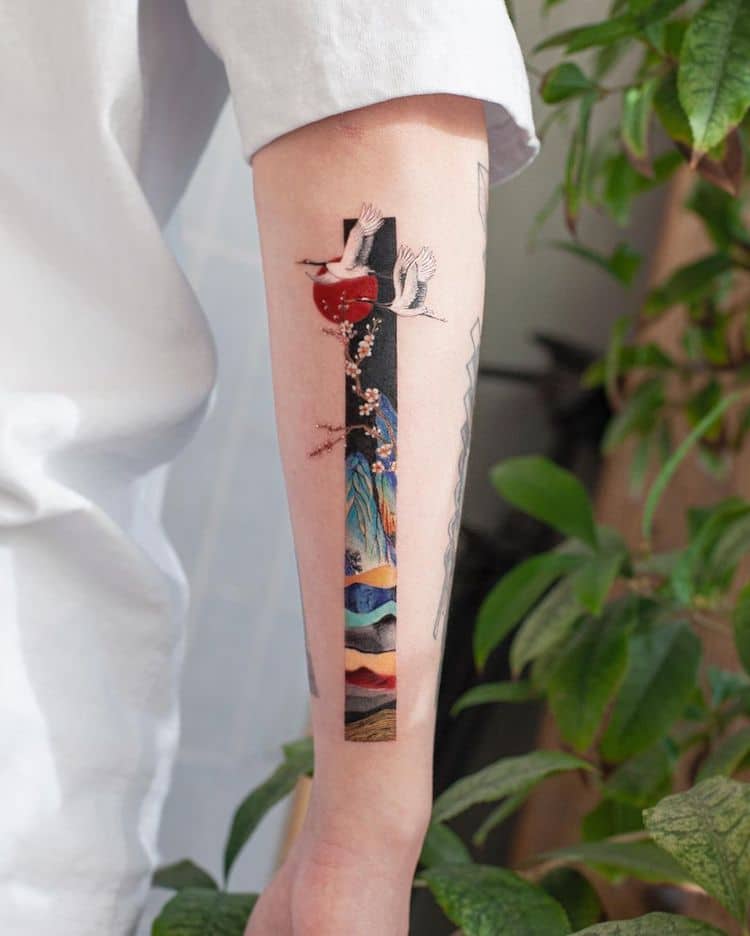 Art de tatouage rectangulaire inspiré des peintures chinoises traditionnelles