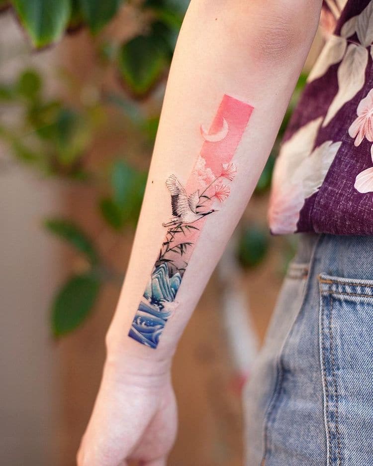 Art de tatouage rectangulaire inspiré des peintures chinoises traditionnelles