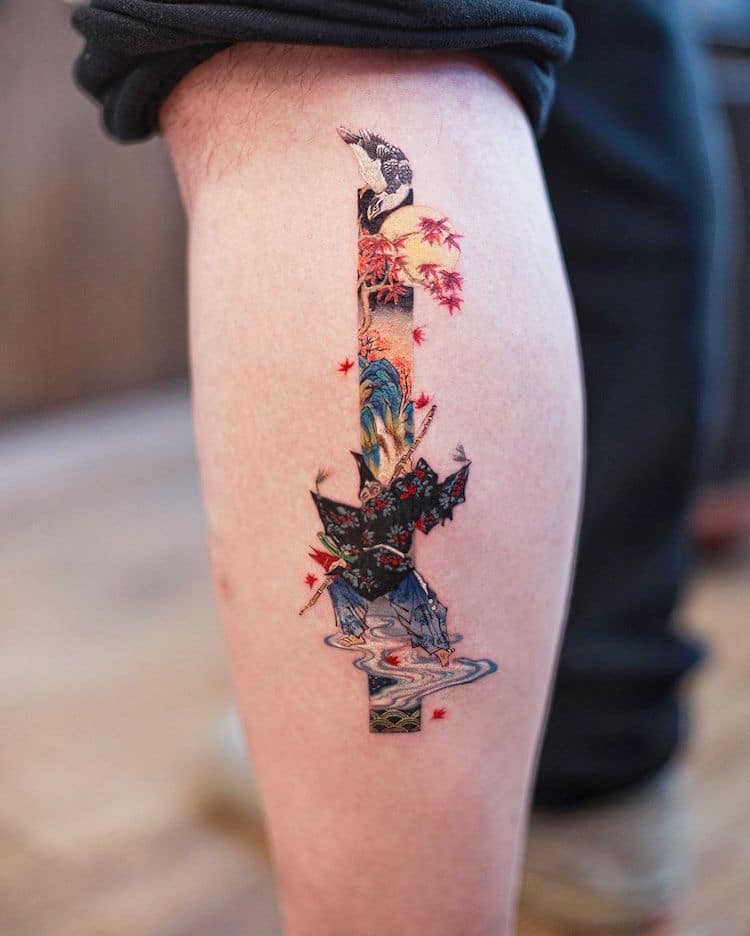 Art de tatouage rectangulaire inspiré des peintures chinoises traditionnelles