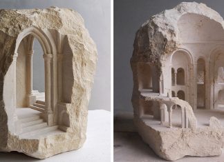 Des espaces architecturaux miniatures se nichent dans des morceaux sculptés de marbre brut