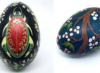 Des illustrations fantaisistes et des motifs teints avec une méthode traditionnelle de résistance à la cire couvrent les coquilles d’œufs de Caroline Södergren