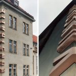 Un gros logo en bronze s’enroule au coin d’un musée d’art de Prague
