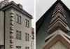 Les lettres en bronze 3D étreignent la façade néoclassique du bâtiment historique à Prague
