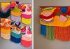 Tapisseries arc-en-ciel par Judit, superposez simplement les fils coupés et tissés en patchs texturés